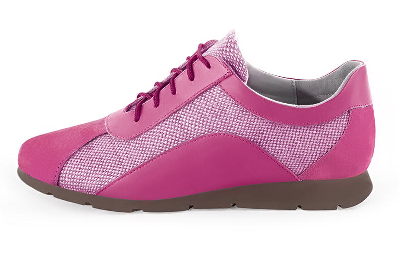 Fuschia pink women's one-tone elegant sneakers. Round toe. Flat rubber soles. Profile view - Florence KOOIJMAN